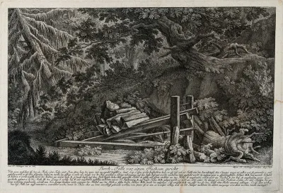 A fox-trap in the forest: a dead fox in a trap which kills by releasing weights on to the victim