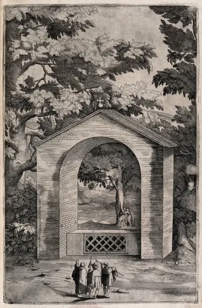 A Franciscan monk showing a little chapel on mount La Verna to two pilgrims