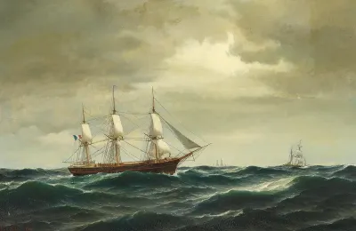 A French and a Dutch sailing ship at sea on a cloudy day.