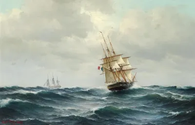 A French full-rigged ship at sea.