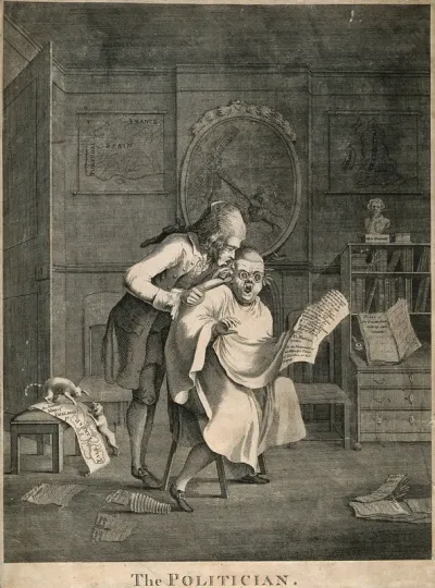A French hair-dresser (his nationality indicated by his bag-wig and ruffles) applying tongs to the hair of his seated customer, a bespectacled politician, who appears alarmed at a paper he is reading