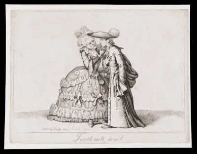 A French lady from the Ancien Régime sympathizing with a young cleric who has toothache