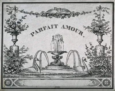 A French liqueur label illustrated with a beautiful garden