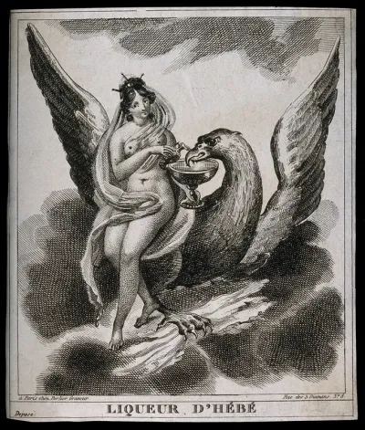 A French liqueur label illustrated with a beautiful maiden seated on an eagle's wing