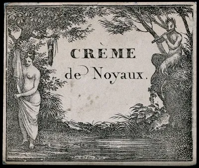 A French liqueur label illustrated with Pan piping to a maiden by a forest pool