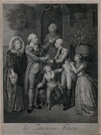 A French nobleman handing his son a sword as the latter prepares to go and fight for the Americans in the American War of Independence