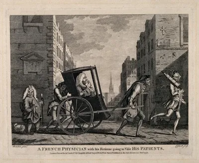 A French physician on his rounds with his entourage