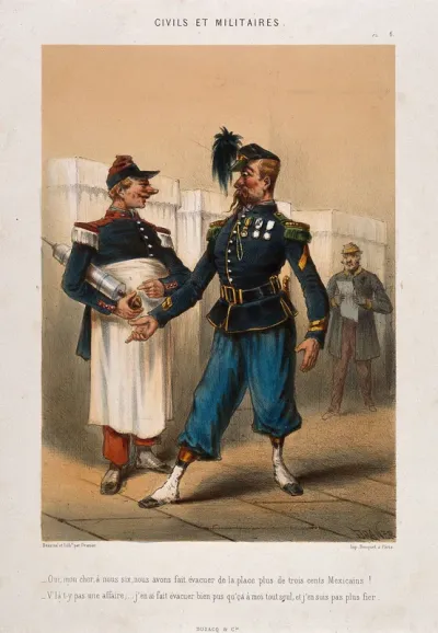 A French soldier boasts that he and six others have 'evacuated' 300 Mexicans from a square;a military surgeon, holding an enema, counters that he has 'evacuated' many more single-handed