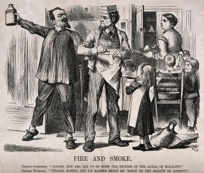 A French supporter of the Paris Commune prefers to throw an incendiary bomb to advance equality, while a British workman prefers to smoke his pipe in the interests of liberty