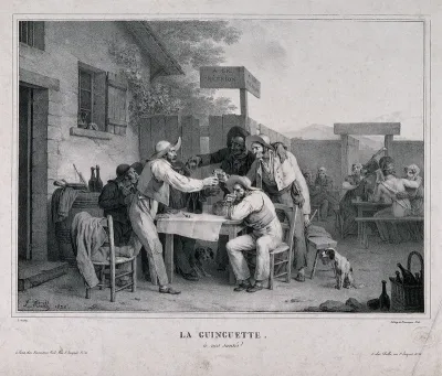 A French tavern with men at a table in the open air drinking a toast to good health