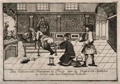 A Frenchman receiving an enema from a Hungarian apothecary by order of a Dutch doctor