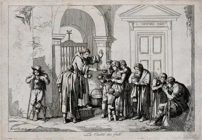 A friar giving food to lame people and to a mother and her two children