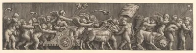 A frieze arrangement depcting the Triumph of Love; Cupid in a Chariot led by goats, many other putti filling the composition