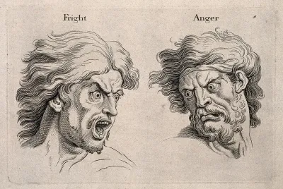 A frightened and an angry face, left and right respectively