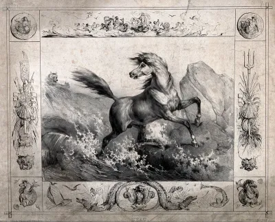 A frightened horse leaps through a cascading stream to escape from two wolves (?), within a border depicting mermaids, fish and other aquatic creatures