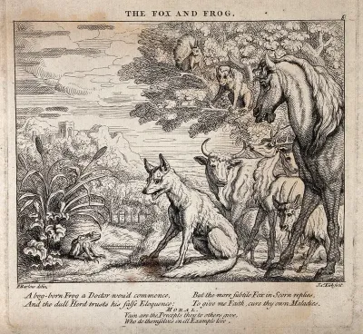 A frog is sitting under rushes in a bog facing a fox and surrounded by other animals; illustration of a fable
