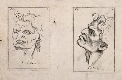 A frontal outline and a profile of faces expressing anger