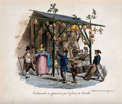 A fruit trader's stall in Naples at Christmas: by accident the fruit falls on a customer