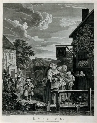 A frustrated looking couple taking a stroll at Sadlers Wells with squabbling children around them; representing evening