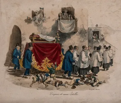 A funeral procession carrying the corpse of an unmarried girl layed out on a bier through a village
