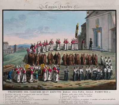 A funeral procession following a deceased bishop layed out on a bier into a parish hall