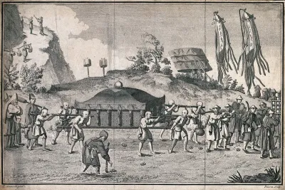A funeral procession in China: the cadaver is carried in a palanquin