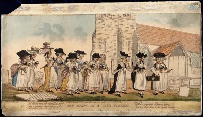 A funeral procession of elderly women with cats in their arms, following the coffin of a dead cat, in a churchyard