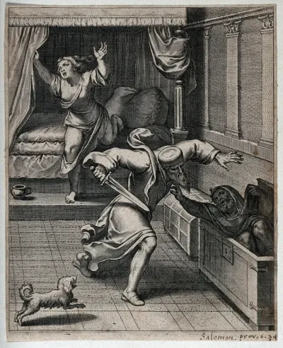 A furious cuckold rushes at his rival with a sword; representing vice as its own punishment
