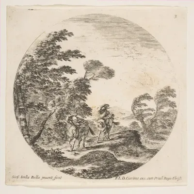 A gale in the forest, two horsemen wrapped in their cloaks, with the wind blowing from the left side, plate 3 from "Roman landscapes and ruins" (Paysages et ruines de Rome)