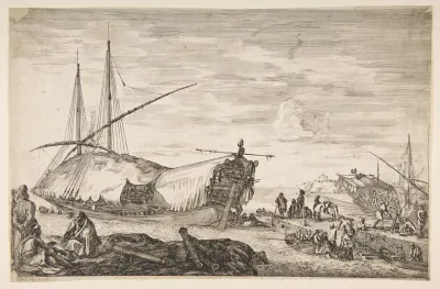 A galley covered in sails to left, six cannons and four people to left in foreground, one man seated at far left smoking a pipe, a man assisting others disembarking from rowboats to right, other rowboats and ships in the background, from 'Views of th