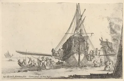 A galley embarking at center, seen from behind, the stern of another galley to right under a fire, eight men in a rowboat to left, from "Varie Figure"