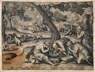 A gang of hunters pretend to wash their eyes with a slimy substance, thus fooling the monkeys, who 'ape' them and blind themselves, allowing the hunters to move in