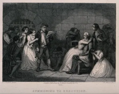 A gaoler, wearing a Phrygian cap, reading out summons for executions to distressed prisoners of the French Revolution