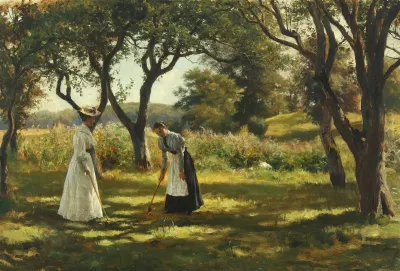 A garden in Hornbæk with Otto Bache's family playing croquet.