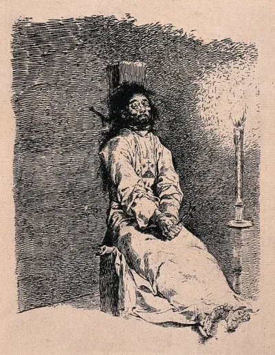 A garrotted man in a dungeon next to a burning candle