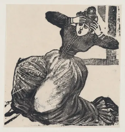 A gasping woman on the ground with her hands raised to her head, from a broadside entitled 'Gaceta Callejera'