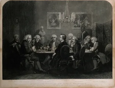 A gathering at Joshua Reynolds's house: Oliver Goldsmith and Edmund Burke among the company
