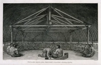 A gathering at the ceremonial drinking of kava and obeisance to the king in Tongatapu, Tonga