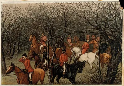 A gathering of a hunting party in an autumnal forest