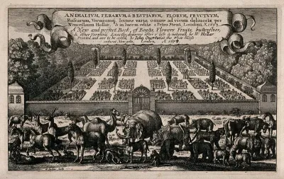 A gathering of many different animals with a large walled classical Italian-style garden behind and a banner bearing the book title above