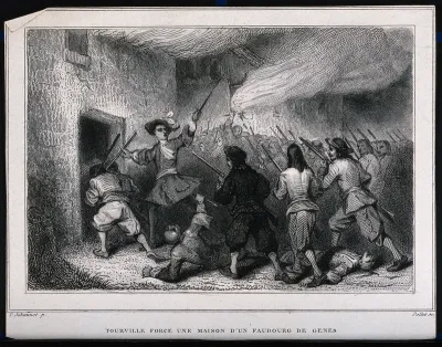 A general leading French troops into a cottage in Genoa after having set fire to other cottages