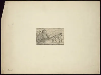 A gentleman and a lady riding in horse-drawn coach, with a black slave boy riding on the back