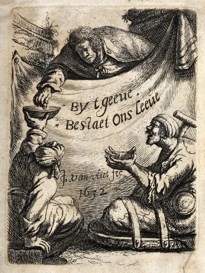 A gentleman giving alms to two lame beggars by leaning over an inscribed banner