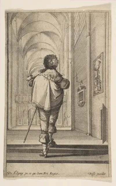 A gentleman seen from behind walking into a church, plate 8 from "French Nobility at Church"