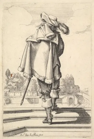 A gentleman, seen from behind, walking up a parapet, with a cloak over his left shoulder, wearing a plumed hat and boots with spurs, from "The Garden of the French Nobles In Which One Can Pick Up Their Way of Dressing"