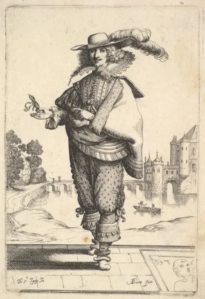 A gentleman standing in front of a large castle and wearing a plumed hat and a lace collar, the tomb with an engraving of the head of a woman on the ground to right, from "The Garden of the French Nobles In Which One Can Pick Up Their Way of Dressing