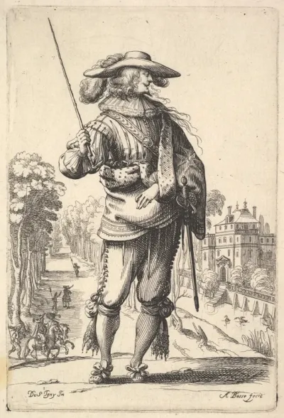 A gentleman with his head turned towards the right in profile, wearing a plumed hat and a cloak with the cross of the Order of the Holy Spirit, holding a whip in his right hand and his left arm in a sling, from "La Jardin de la Noblesse Françoise dan