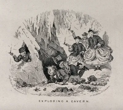 A geologist in a cave trips over a stone; two women and a man holding a candle in the background