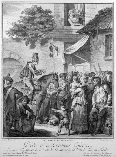 A German itinerant medicine vendor on horseback selling his wares