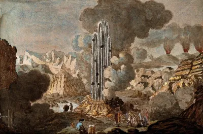 A geyser, with a group of spectators, including an artist drawing